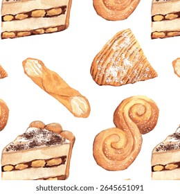 Padrão aquarela de pastéis italianos - Sfogliatelle, Tiramisu, Cannoli, Pane Siciliano.  Massa em camadas em forma de concha, sobremesa com mascarpone, para bandeiras culinárias e culinárias. Design perfeito.