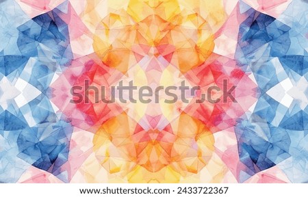 watercolor pattern mixing various bright colors and geometric shapes creates an interesting abstract pattern reminiscent of a kaleidoscope	
