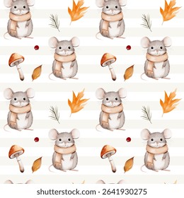 Watercolor pattern with mouse, leaves, mushroom for autumnal design. Fall seamless pattern. Autumn woodland