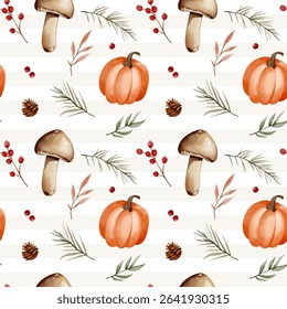 Watercolor pattern with mushrooms, pumpkin, leaves, berries for autumnal design. Fall seamless pattern. 