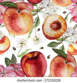 Watercolor Pattern with peaches and flowers. Vector illustration