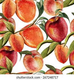 Watercolor pattern with  peaches. Vector.