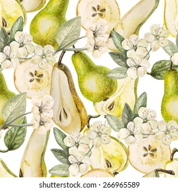 Watercolor Pattern with pears and flowers on a white background. Vector.