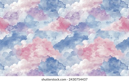 watercolor pattern pink clouds on a morning sky: Soft, pink clouds scattered across the morning sky, creating a gentle atmosphere and shimmering with colors