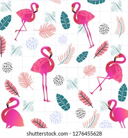 Watercolor pattern pink flamingo with tropical leaves. Palms, monstera. Zoo animal print. Summertime. Hand drawn vector illustration