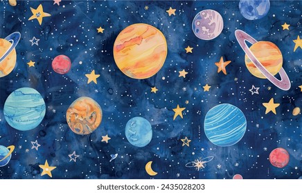 Aquarellmuster mit Planeten und Sternen