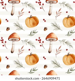 Padrão aquarela com abóbora, folhas, cogumelos, bagas para design de outono. Queda padrão sem emenda. 
