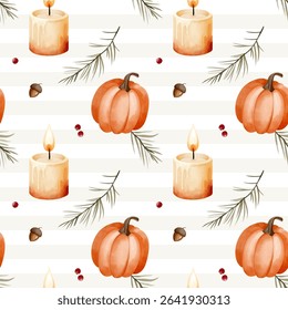 Watercolor pattern with pumpkins, leaves, berries and candle for seasonal design

. Fall seamless pattern. 