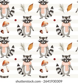 Padrão de aquarela com guaxinim, folhas, cogumelo para design de outono. Queda padrão sem emenda. Floresta de outono
