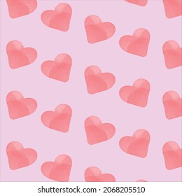 Watercolor pattern with red hearts on a pink background, for wallpaper, stationery, designs, covers