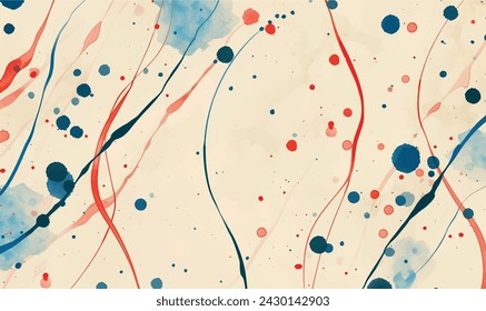 watercolor pattern red lines and blue dots on a light yellow background