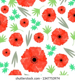 Watercolor pattern with red poppy flowers. Floral texture with abstract leaves. Vector illustration.