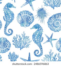 Watercolor pattern with Seahorse and Sea shells