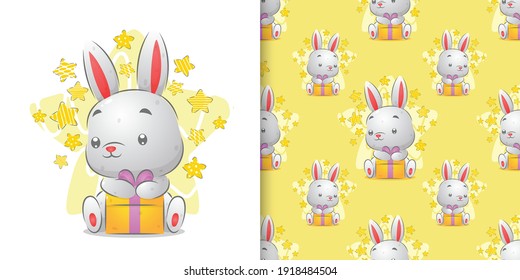 El patrón acuarela del pequeño conejo sosteniendo el regalo coloreado de la ilustración