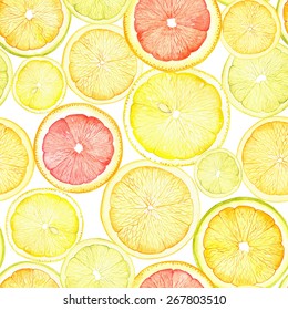 Watercolor pattern with slices of lemon, orange and grapefruit.