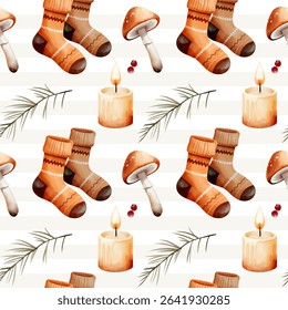 Patrón de acuarela con calcetines, vela, seta para el diseño otoñal. Acogedor patrón de otoño sin fisuras. 