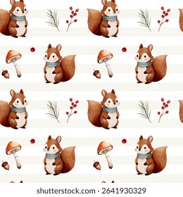 Watercolor pattern with squirrel, leaves, mushroom for autumnal design. Fall seamless pattern. Autumn woodland