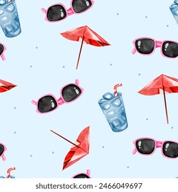 Watercolor pattern with summertime elements. Seamless summer pattern. Beach background. 