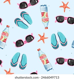 Watercolor pattern with summertime elements. Seamless summer pattern. Beach background. 