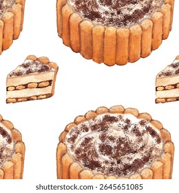 Watercolor Pattern of Tiramisu Cake and Slice – Classic Italian Dessert Repeat Design. Layered dessert with espresso-soaked sponge, mascarpone, and cocoa. Cooking, culinary theme wallpaper.