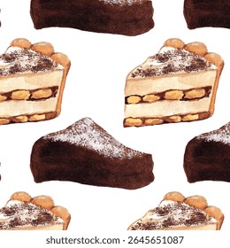 Padrão de aquarela de fatias de Tiramisu e Torta Caprese - Bolos italianos clássicos