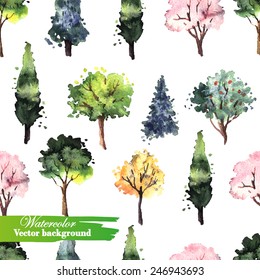 Watercolor pattern with trees. Hand painting. Watercolor. Seamless pattern for fabric, paper and other printing and web projects.