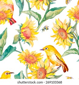 Watercolor pattern. Tropical birds and flowers. White-eye bird and sunflower. Vector.