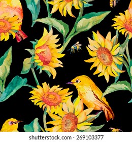 Watercolor pattern. Tropical birds and flowers. White-eye bird and sunflower on black background. Vector.