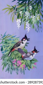 Watercolor pattern with tropical birds vector illustration