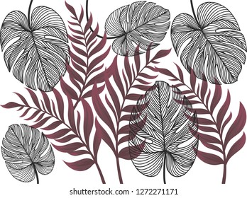 Watercolor pattern with tropical leaves: palms, monstera. Fashionable print. Beautiful allover print with hand drawn pencil exotic plants. Swimwear botanical vector design. Wild jungle nature 2019