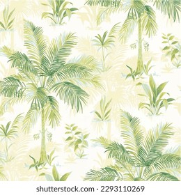 Watercolor pattern with tropical leaves: palms, monstera, passion fruit. Beautiful allover print with hand drawn exotic plants. Swimwear botanical design.