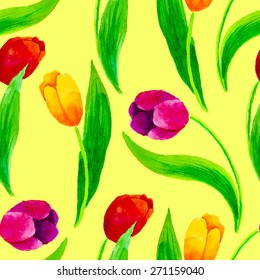 Watercolor pattern with tulips and green leaves. Hand painted illustration.
