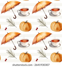 Watercolor pattern with umbrella, cup of tea, pumpkin for autumnal design. Cozy fall seamless pattern. 