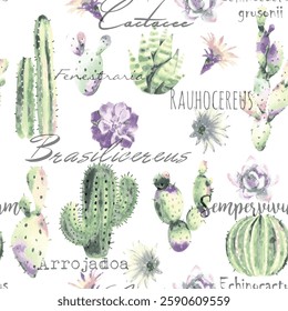 Watercolor Pattern of Various Cactus and Succulents