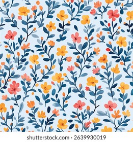 Watercolor pattern with wildflowers. Wildflowers and meadow flowers background. Elements of botany and natural elements in the pattern. Floral watercolor background. Vector illustration.