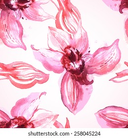 Watercolor patterns orchids. Hand painting. Watercolor. Seamless pattern for fabric, paper and other printing and web projects.