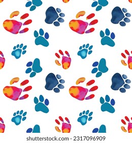 Watercolor paw in seamless pattern. Vector illustration.