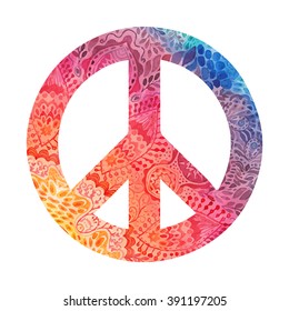 Watercolor peace symbol made of painted zentangles, pacifism sign. Hippie style ornamental background. Love and peace, hand-drawn doodle background. Colorful peace symbol retro 1960s, 70s