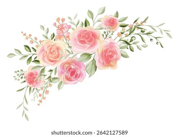 Watercolor Peach and Pink Rose Floral Arrangement, Greenery Accents