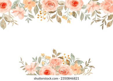 Watercolor peach rose flower border for wedding, birthday, card, background, invitation, wallpaper, sticker, decoration etc.