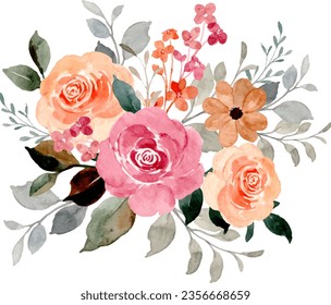 Watercolor peach rose flower bouquet for background, wedding, fabric, textile, greeting, card, wallpaper, banner, sticker, decoration etc.