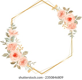 Watercolor peach rose flower geometric frame for wedding, birthday, card, background, invitation, wallpaper, sticker, decoration etc.