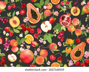 Aquarellpfirsich, Erdbeere, schwarzer Johannisbeere, Kirschen, Apfel, Mandarin, nahtloses Orangenmuster. Sommer tropische Früchte Hintergrund. Vektorgrafik-Federbeindeckel, tropische Textur, Hintergrund