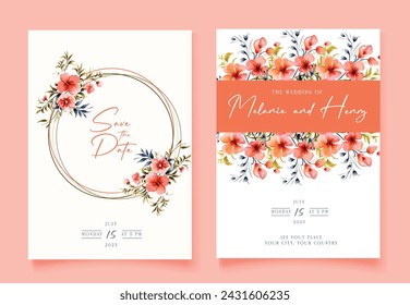 Watercolor Peach Wedding invitation with wild flowers and Save The Date cards, vector template.