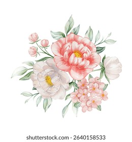 Watercolor Peach and White Peony Bouquet with Delicate Blooms