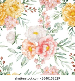 Watercolor Peach, White, and Yellow Peony Floral Seamless Pattern