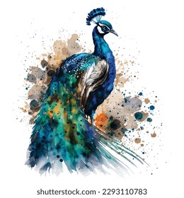 watercolor Peacock white background, isoleted illustration, colorfull pecocok indian peafowl bird