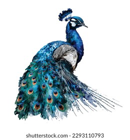 watercolor Peacock white background, isoleted illustration, colorfull pecocok indian peafowl bird