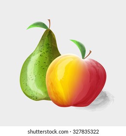 Watercolor pear and Apple on white background