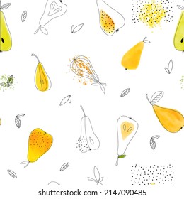 Watercolor pear seamless pattern on white background. Cute doodle summer fruit wallpaper. Modern texture vector design for fabric, apparel, covers, wrapping paper, scrapbooking, textile.